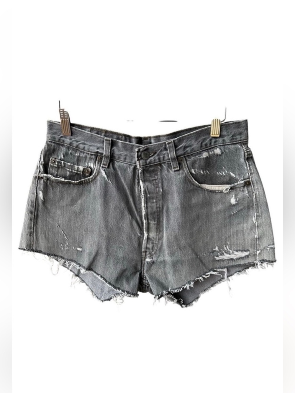Levis Jean Shorts 501 Vintage Grey Distressed Denim Button Fly Cut Offs